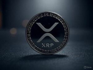 Una moneda física de XRP delante de un fondo gris.