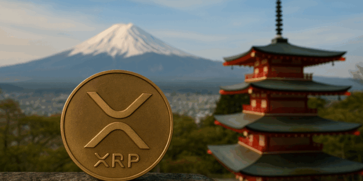 Una moneda física de XRP sobre una sobre una superficie de piedra, al fondo se observa el monte Fuji y un templo pagoda rojo y verde.