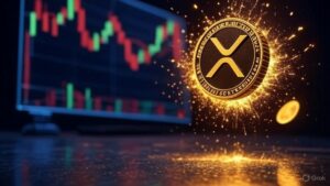 Una moneda física de XRP brillando delante de un gráfico de precios.