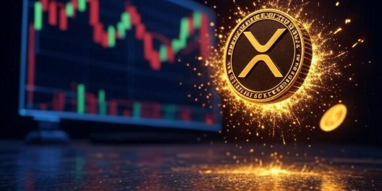 Una moneda física de XRP brillando delante de un gráfico de precios.