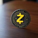 Una moneda física de zcash sobre una mesa de madera.