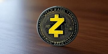 Una moneda física de zcash sobre una mesa de madera.