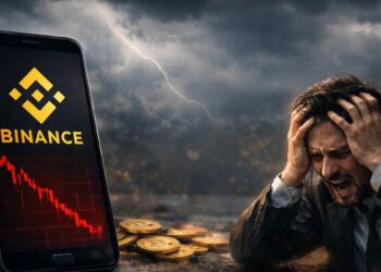 Inversor angustiado junto a smartphone con gráfico en caída de Binance y monedas físicas de bitcoin.
