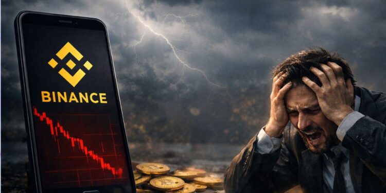 Inversor angustiado junto a smartphone con gráfico en caída de Binance y monedas físicas de bitcoin.