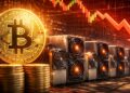 Equipos de minería de Bitcoin junto a una moneda de BTC y una flecha roja descendente.