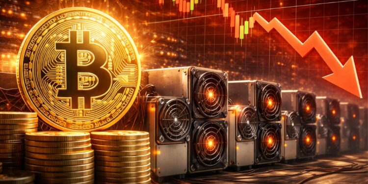 Equipos de minería de Bitcoin junto a una moneda de BTC y una flecha roja descendente.