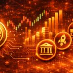 Monedas representando activos del mundo real en una red de criptomonedas.