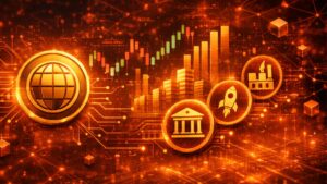 Monedas representando activos del mundo real en una red de criptomonedas.