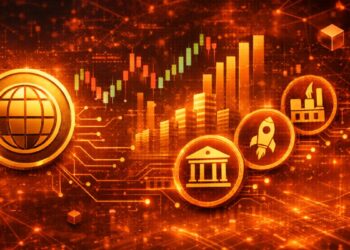 Monedas representando activos del mundo real en una red de criptomonedas.