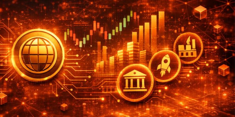 Monedas representando activos del mundo real en una red de criptomonedas.