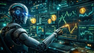 Un robot de IA operando en mercados financieros.