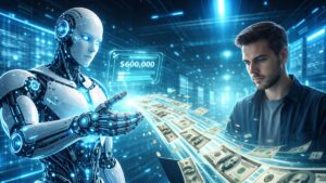 Un robot de IA transfiriendo dólares a una persona.