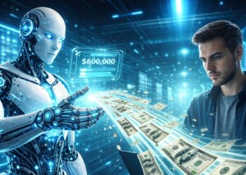 Un robot de IA transfiriendo dólares a una persona.