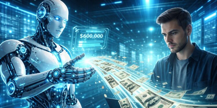 Un robot de IA transfiriendo dólares a una persona.