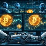 Robots de inteligencia artificial operando con Bitcoin en un centro de cรณmputaciรณn.