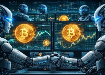 Robots de inteligencia artificial operando con Bitcoin en un centro de cómputación.