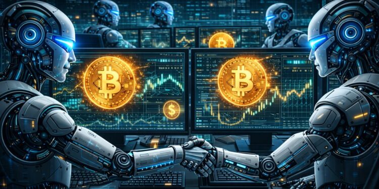Robots de inteligencia artificial operando con Bitcoin en un centro de cómputación.