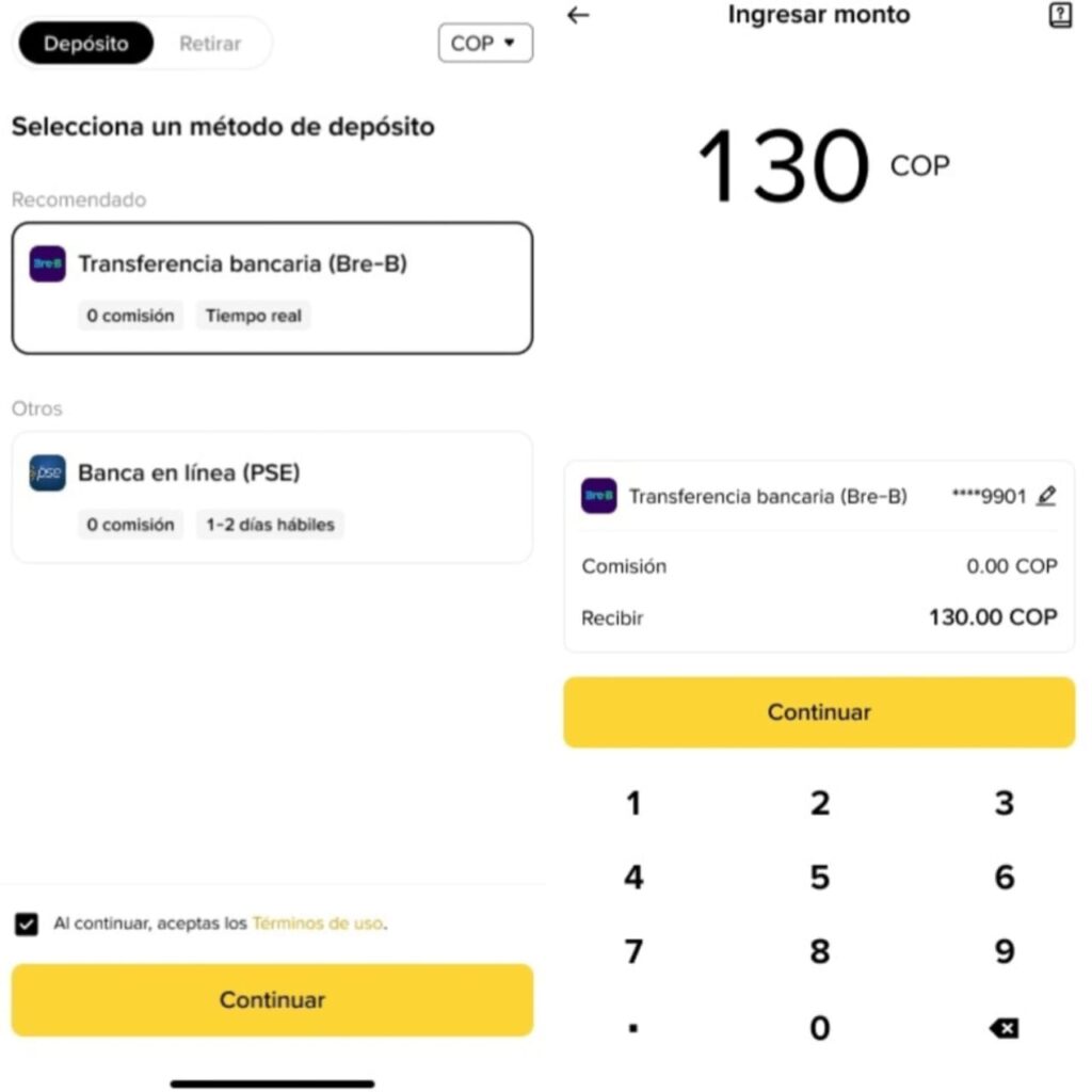 Pantalla de la app de Binance que muestra la opción de depósito en pesos colombianos
