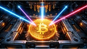 Una moneda de BTC siendo atacada por un ordenador cuรกntico.