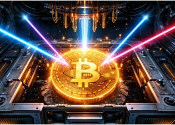 Una moneda de BTC siendo atacada por un ordenador cuántico.