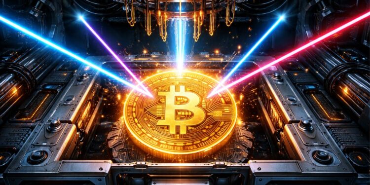 Una moneda de BTC siendo atacada por un ordenador cuántico.