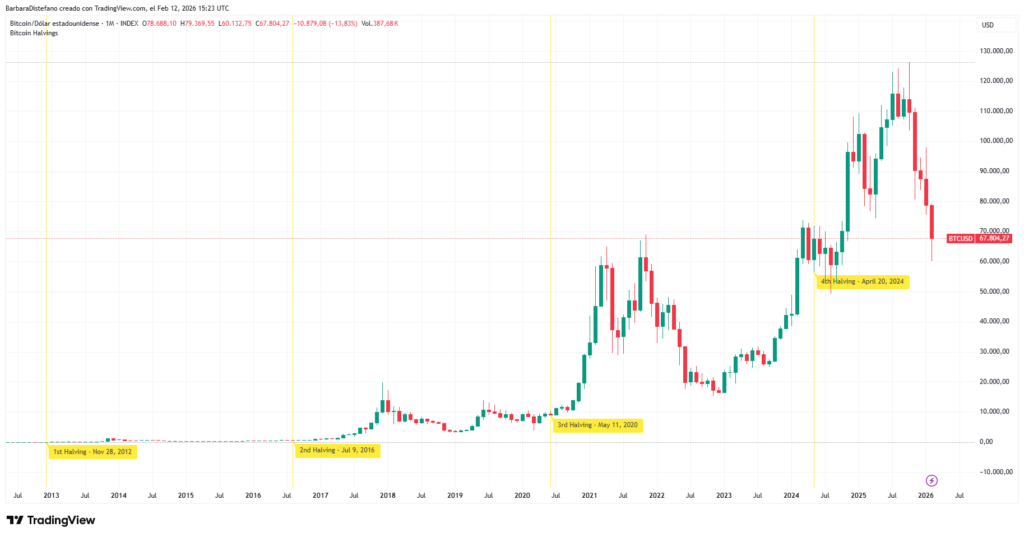 Gráfico de precio de bitcoin y eventos de halving.