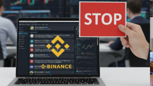 El logo de Binance en una pantalla en la que se observan hilos de mensajes de X y sobre ello una mano con un cartel rojo con la palabra stop.