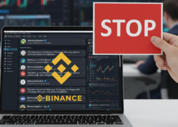 El logo de Binance en una pantalla en la que se observan hilos de mensajes de X y sobre ello una mano con un cartel rojo con la palabra stop.