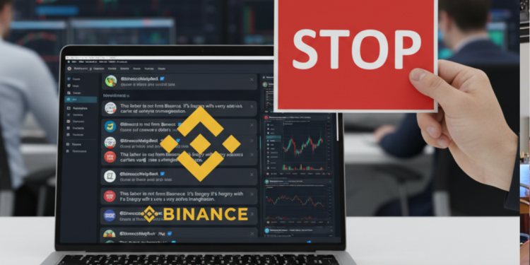 El logo de Binance en una pantalla en la que se observan hilos de mensajes de X y sobre ello una mano con un cartel rojo con la palabra stop.