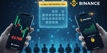 Dos personas sostienen teléfonos en sus manos donde en uno se observan gráficos de Coinglass y en el otro de Binance.