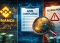 El logo del eschange Binance junto a documentos de AML y sanciones por lavado de dinero.
