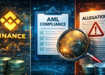 El logo del eschange Binance junto a documentos de AML y sanciones por lavado de dinero.