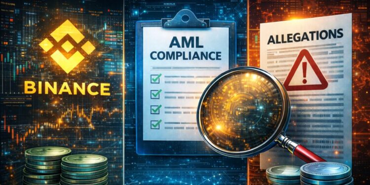 El logo del eschange Binance junto a documentos de AML y sanciones por lavado de dinero.