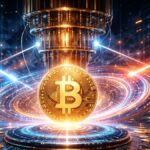 Un ordenador cuántico atacando a una moneda de Bitcoin.