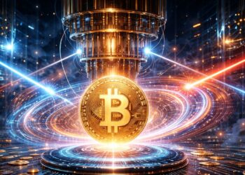 Un ordenador cuántico atacando a una moneda de Bitcoin.