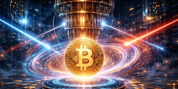 Un ordenador cuántico atacando a una moneda de Bitcoin.