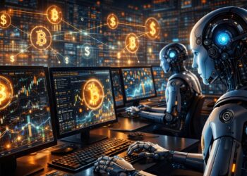 Robots de IA operando en un centro de computación y con la red Bitcoin.