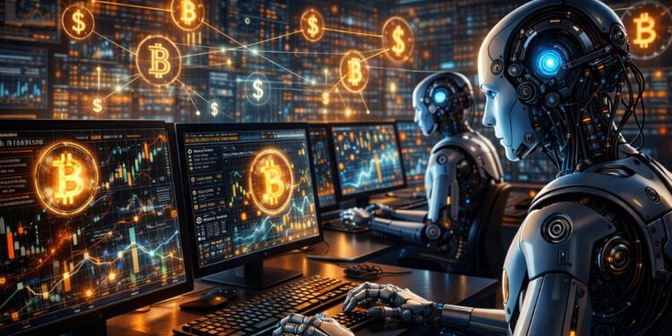 Robots de IA operando en un centro de computación y con la red Bitcoin.
