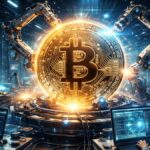 Una moneda de Bitcoin dentro de un centro de desarrollo y de computación con personas operando.