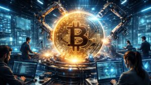 Una moneda de Bitcoin dentro de un centro de desarrollo y de computaciรณn con personas operando.