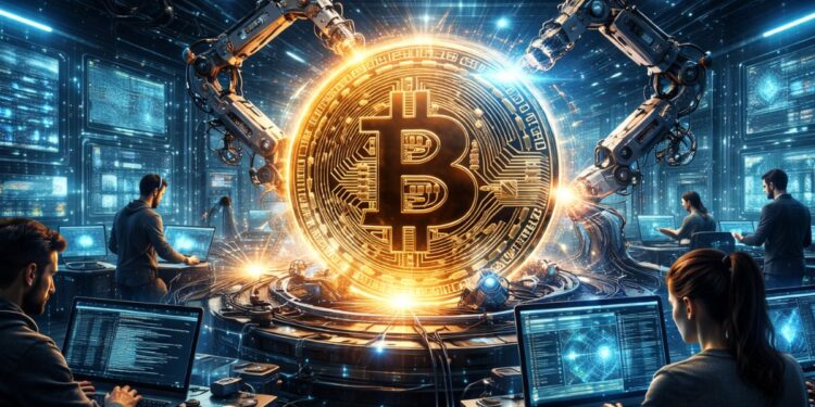 Una moneda de Bitcoin dentro de un centro de desarrollo y de computación con personas operando.