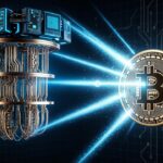 Una computadora cuántica atacando a una moneda de Bitcoin.