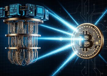 Una computadora cuántica atacando a una moneda de Bitcoin.