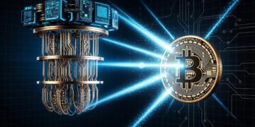 Una computadora cuántica atacando a una moneda de Bitcoin.