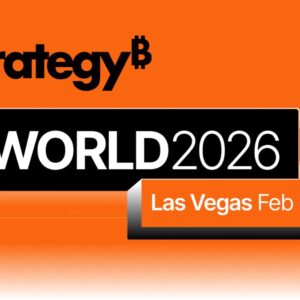Banner naranja con "Strategyy₿ WORLD 2026 Las Vegas Feb 23-26" en texto 3D blanco elevado sobre sombra negra, diseño vibrante cripto.