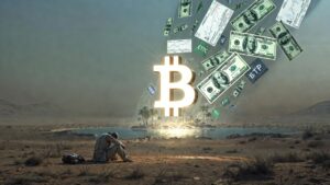 Un viajero exhausto en un desierto árido ve un oasis con un único Bitcoin gigante y reluciente flotando sobre el agua (la verdadera escasez on-chain). Pero al acercarse, el oasis resulta ser un espejismo y se transforma en miles de billetes de dólar, contratos de futuros y logos de ETFs (BlackRock, Fidelity, etc.) flotando y evaporándose.