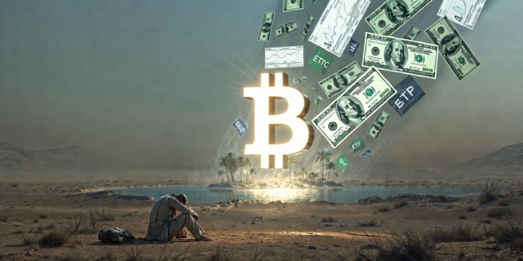 Un viajero exhausto en un desierto árido ve un oasis con un único Bitcoin gigante y reluciente flotando sobre el agua (la verdadera escasez on-chain). Pero al acercarse, el oasis resulta ser un espejismo y se transforma en miles de billetes de dólar, contratos de futuros y logos de ETFs (BlackRock, Fidelity, etc.) flotando y evaporándose.
