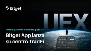 Banner de Bitget, lanza su centro de TradFi. A la derecha el planeta tierra, detrás UEX (Universal Exchange) delante la silueta de un hombre contemplando el mundo, parado sobre un celular gigante que tiene un balance de cuenta y tickers de activos, tanto cripto como tradicionales