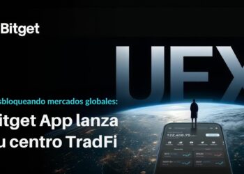 Banner de Bitget, lanza su centro de TradFi. A la derecha el planeta tierra, detrás UEX (Universal Exchange) delante la silueta de un hombre contemplando el mundo, parado sobre un celular gigante que tiene un balance de cuenta y tickers de activos, tanto cripto como tradicionales