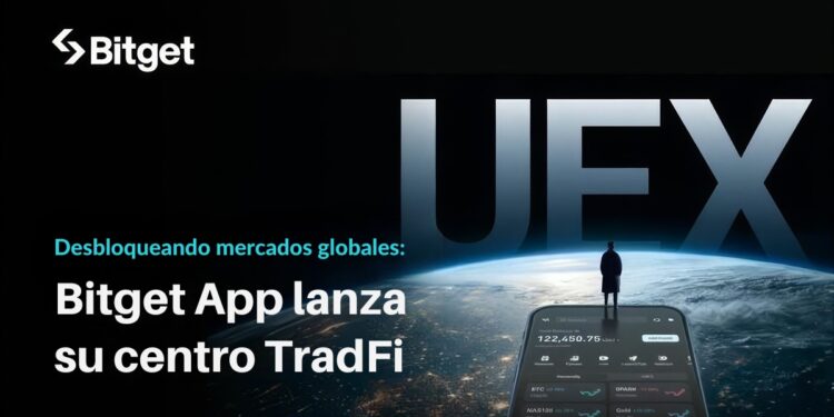 Banner de Bitget, lanza su centro de TradFi. A la derecha el planeta tierra, detrás UEX (Universal Exchange) delante la silueta de un hombre contemplando el mundo, parado sobre un celular gigante que tiene un balance de cuenta y tickers de activos, tanto cripto como tradicionales